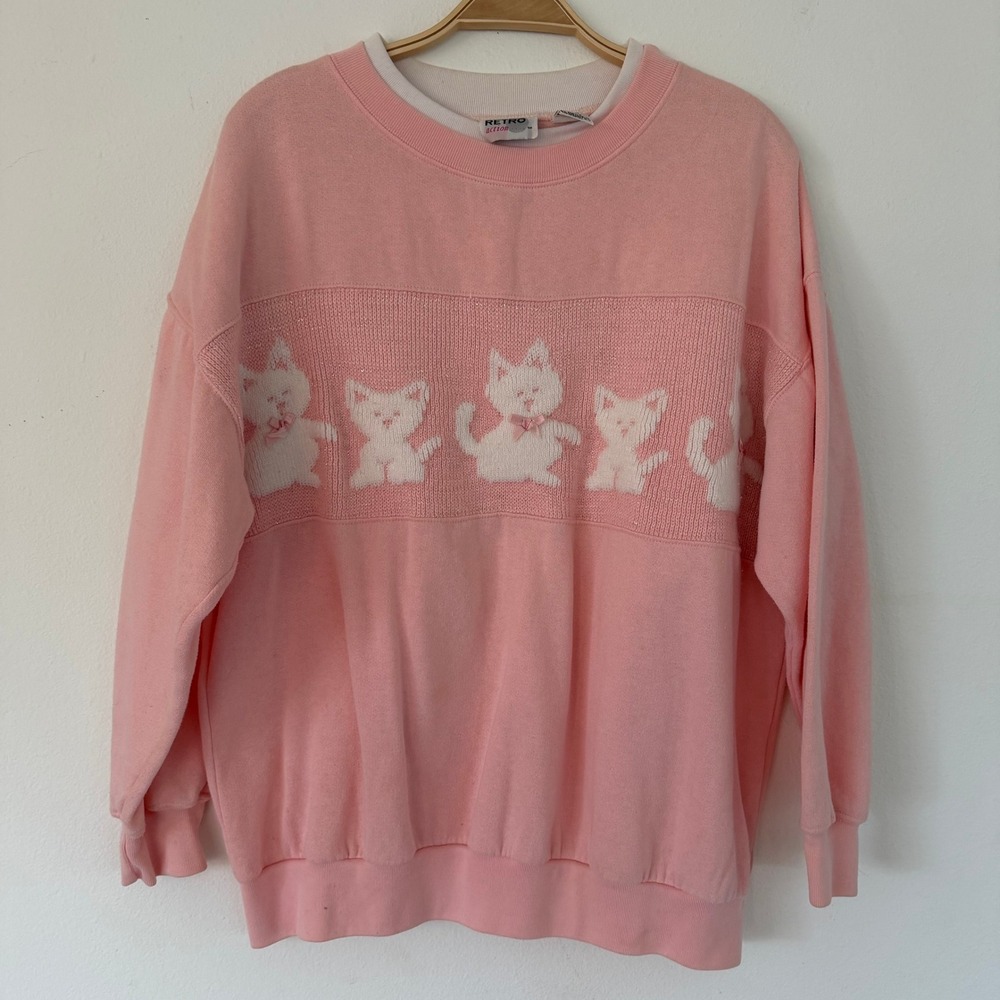 Retro Action Vintage Pink Cat Sweatshirt Metallic Knit Kittens Bows Plus 20W-40